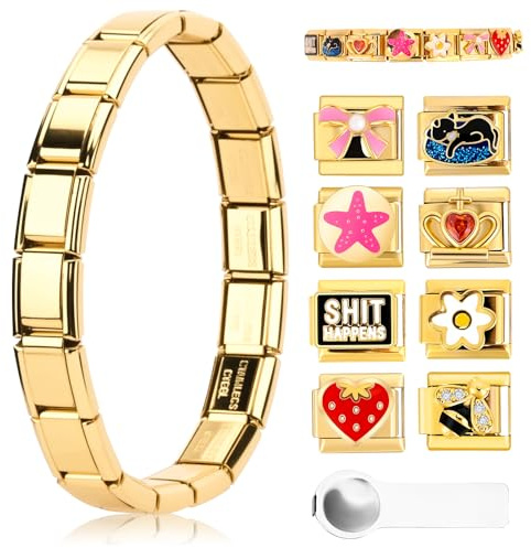 Pulsera de charms italianos de Ouxayapl en oro, set de pulseras con charms italianos, módulos desmontables DIY para pulseras de 9mm, pulseras de charms italianos en oro con herramienta de apertura
