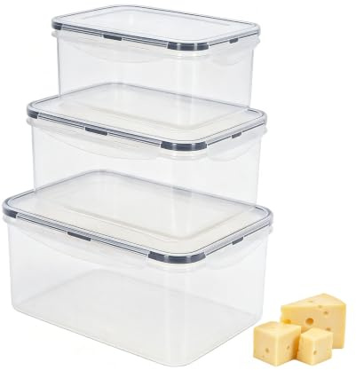 Hynorian Set di 3 contenitori per formaggio per frigorifero, impilabili, trasparenti con chiusura a scatto e anello in gomma, ideali per formaggi e salsicce in cucina e frigorifero