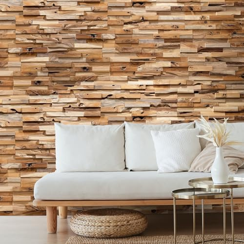 Wallsupply UltraWood Bologna Solid Teak Wood Panels, Wall Cladding 3D Interlocking Tiles, 10pcs 0.9m²