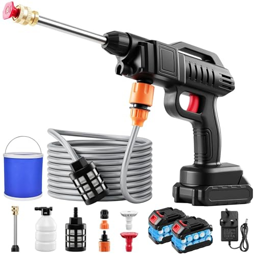 uifame Lavatrice a pressione senza fili, 21 V, 1500 W, 870 PSI massimo, Lavatrice a pressione alimentata a batteria 2 x 2.0 Ah 60 Bar, Lavatrice a getto portatile con secchio