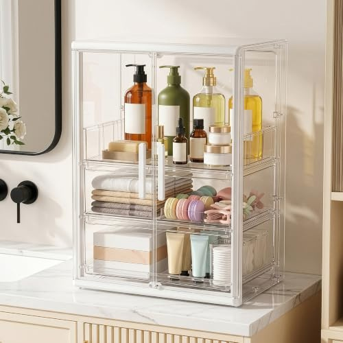 Makeup Organiser, Large Skincare Storage Drawers, Cosmetics Box, 40cm Tall | Clear Perfume Stand for Vanity, dressing table, Bathroom and Bedroom, 30cm Wide, Beauty Holder for Lipstick Jewellery Brush