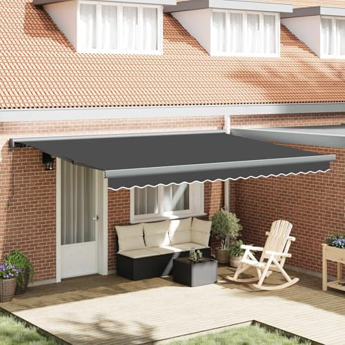 YunCangg Einziehbare Markise Anthrazit und Grau 400 x 300 cm aus robustem Leinen mit Aluminiumgestell, manueller Kurbel, wetterfestem Sonnenschutz für Garten, Balkon, Terrasse