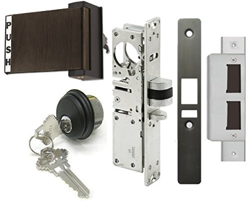 Adams Rite Style Deadlatch Storefront Door Set - Push Paddle Exit, Deadlatch Bolt, with Mortise Lock Cylinder & Two Keys, Durable, Polished Finish, Duronotice Bronze, Left Hand, 1-1/8 Backset