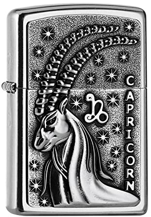 Zippo Sturmfeuerzeug - Zodiac Capricorn, Street Chrome, Emblem - Nachfüllbar - Wiederverwendbar - Windfestes Design - Geschenkbox - Made in USA