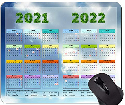 2021-2022 Kalender Hd Schriftart mit Feiertagen Mauspad mit Verriegelungskante, Sky White Clouds rutschfeste Gummibasis Mousepad