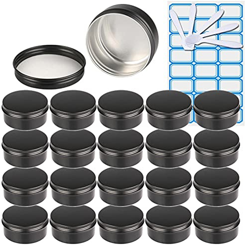 ZEOABSY Pack of 50, Empty 150ml Matte Black Aluminium Tins with Screw Lids Round Cosmetics Containers Pots Storage Jars for Lip Balm DIY Candle Salve Powder Crafts with 5 Spatula, 2 Labels