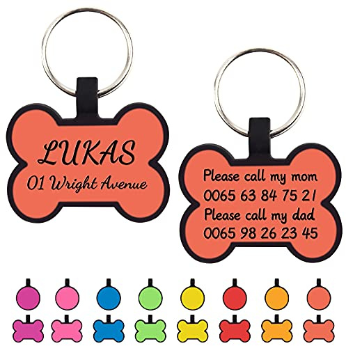 Uiopa 2 Stück Hundemarke mit Gravur, Knochen/Runde Hundemarke Personalisiert Silikon Adressanhänger Hund und Katze Hundemarken, Hundehalsband Anhänger für Hunde und Katzen (Knochen Orange)