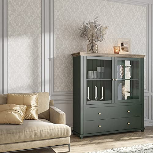 Lomadox Highboard mit Glaseinsatz Türen Landhausstil in grün mit Lefkas Eiche Nb., B/H/T: ca. 126/138/42 cm