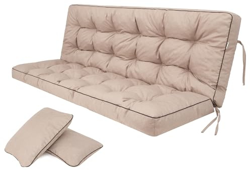 Bjird Cuscino per Panchina, Cuscino per panche da giardino a dondolo, Cuscino per panca altalena Hollywood - Cuscini Impermeabili con Cinghie di Fissaggio, incl. 2 cuscini laterali - 150 cm - beige