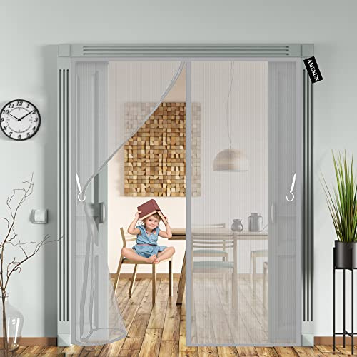 Magnetic Fly Screens for Doors 140x205cm(55x81inch) Mesh Fly Curtain,with Full Frame Magic Tape Powerful Magnets,Without Drilling Top-to-Bottom Seal Automatically,for Patio Balcony - Grey