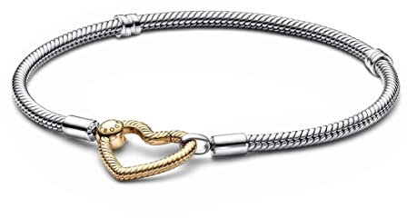 Pandora Moments Snake chain sterling silver bracelet with 14k gold-plated heart clasp, 23