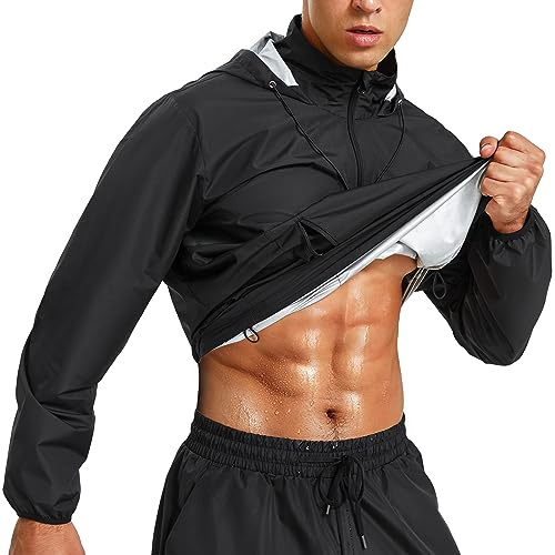 Junlan Sauna Jacket for Men Sweat Jacket Zipper Hoodie Sauna Suit for Workout (Black Jacket, XX-Large)
