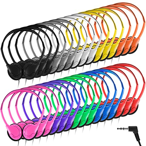Yunsailing 30 Pack Bulk Over Ear Headphones Set On Ear Headsets Earphones with Adjustable Headband and 3.5mm Plug for Group Learning, Computer Lab, Library, Online Lesson and Testing (Classic Color)
