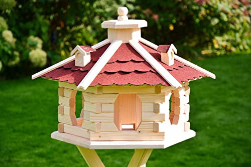 Deko-Shop-Hannusch Vogelhaus aus Holz unbehandelt zum selbst gestalten, bemalen, wahlweise mit Solarbeleuchtung und Ständer, wetterfestes Bitum, XXL, Vogelhäuschen (Standard mit Solar, Rot)