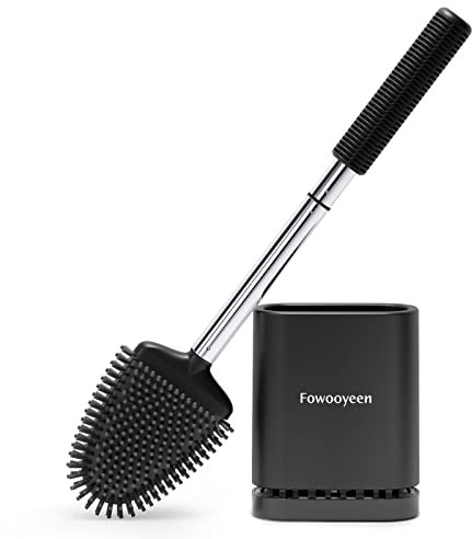 Fowooyeen Klobürste Silikon, Schwarze Toilettenbürste Wandmontage, Flach WC Bürste mit Herzformem Kopf, Elegante Stand WC Garnitur Set, Toilettenbürstenhalter ohne Bohren, Schwarz