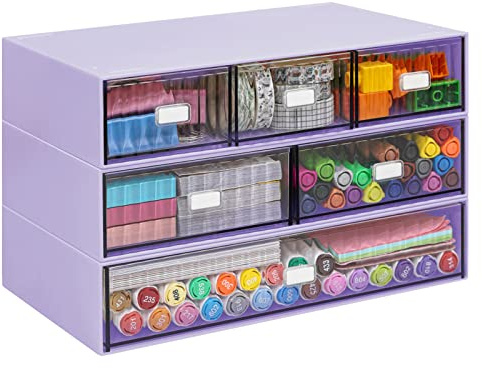 VASZOLA Organizer impilabile da scrivania con 6 cassetti, scatola portaoggetti in plastica a 3 ripiani, cassetti da scrivania, portaoggetti staccabile per trucco, casa, colore: viola