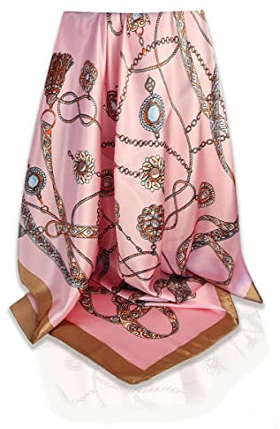 GLORIS Seidenschal Damen 90x90cm Rosa mit beige Rand Elegante Seidentuch Haare Seidentuch Halstuch Elegant Satintuch Halstuch Seide Bandana Tuch Kopftüch Ansatz Scarf…