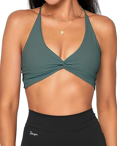 Danysu Damen Riemchen Sport-BH Rückenfreier Sport-BH Offener Rücken Workout-Top Leichte Unterstützung Niedliche Gym-Kleidung #2.Twirl Front Viridianischer Wald M