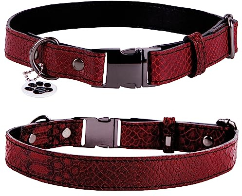 FAVPET Echtleder Dünnes Halsband Hund Verstellbar mit QR Code Anhänger, Hochwertige Hundehalsbänder mit Klickverschluss, Verstellbares Hundehalsband Leder Schmal, Lederhalsband Hund (M, Rot)