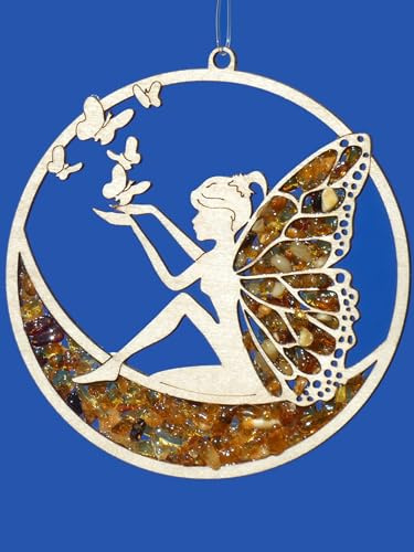 POMMERNTRAUM ® | Fensterdeko Fensterbild Sonnenfänger Bernstein Suncatcher Bernsteindeko Zauberfee auf dem Mond Elfe Zauberelfe Engel