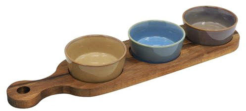 Lesser & Pavey Snack Dishes & Wood Trays For Food Serving | Wood Snacks Serving Platter With Bowls | Colourful Designers Round And Square Food Serving Tray Set of 3 - Elements