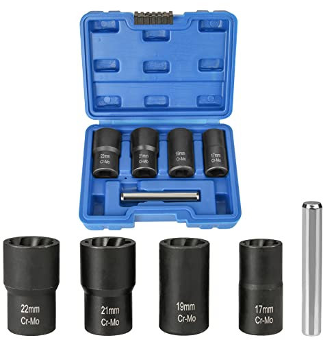 Locking Wheel Nut Removal Tool Hakkin Bolt Extractor Set 4Pcs 1/2” Drive Twist Socket Set Lug Nut Remover Socket Tool for Removing Damaged, Rusted, Rounded-Off Bolts, Nuts 17mm 19mm 21mm 22mm