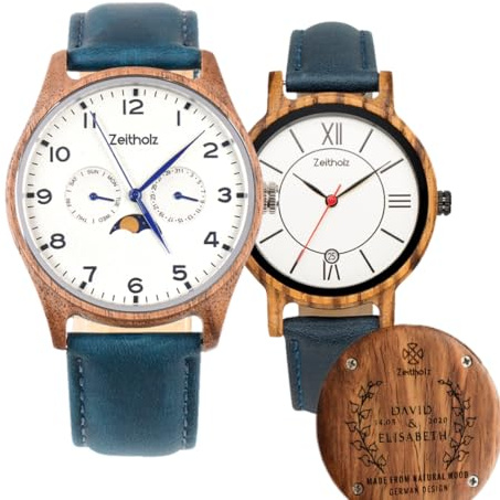 Zeitholz Holzuhren für Paare mit kostenloser Gravur, Anpassbare Geschenke, Klitten weiß 42mm & Rosenbach weiß 36mm. Hergestellt aus Naturholz mit japanischem Quarzwerk.