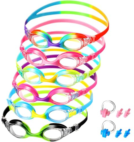 Macarrie 6 Pcs Kids Swim Goggles No Leaking Anti Fog Swimming Goggles for Kids Boys Girls with Nose Clip Earplugs, Age 3-14 (Vibrant Color)