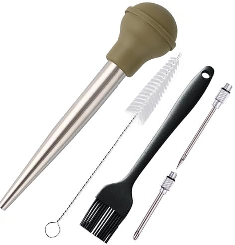 zoyizi Turkey Baster, Baster Syringe for Cooking, Stainless Steel Baster with Marinade Injector Neddles &BBQ Brush & Cleaning Brush, Silicone Bulb, Stainless Steel Turkey Baster Set 5, Color Green