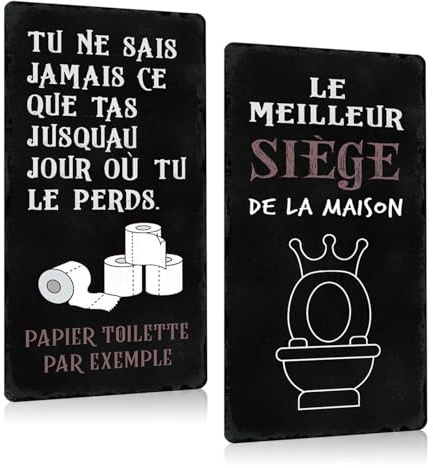 Lot de 2 - Decoration Murale Toilettes en Plaque Metal - Panneau Vintage avec Humour Citation Français - WC Drôle Panneau Pancarte Pour Maison Salle de Bain 15x30cm