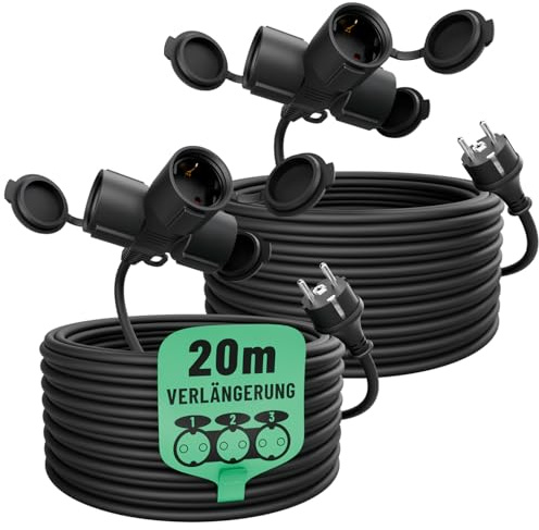 greate 3fach Verlängerungskabel außen 20 Meter wasserdicht IP44 3500W | 2er Pack - 3 Fach Mehrfachsteckdose Verlängerung draußen Schuko 20m - Outdoor Extension Cord Waterproof für Aussenbereich