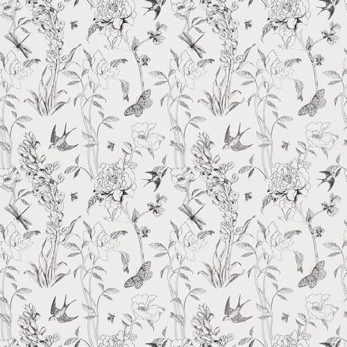 Selbstklebende Tapete Schwarz Weiß, 44 x 1000cm Selbstklebende Tapete Blumen und Vögel Schmetterlinge Pflanzen Blume Tapeten Klebefolie Blumen Möbelfolie Selbstklebend für Wohnzimmer Schlafzimmer