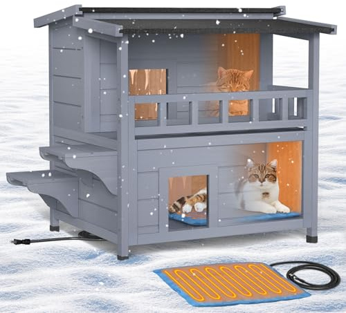 PETIMBER Heated Cat House for Outside - 2 Story Cat Houses for Outdoor Cats, Wooden Outdoor Cat House Weatherproof, Warm Insulated Cat Houses with Balcony, Winter Feral Cat Shelter with Heating Pad