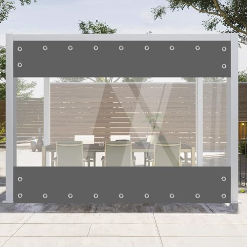 Telone trasparente con occhielli, impermeabile, 420 g/m², in PVC, protezione dal vento, per giardino, gazebo, terrazze, balcone (grigio, altezza 2,4 m x larghezza 4,5 m)