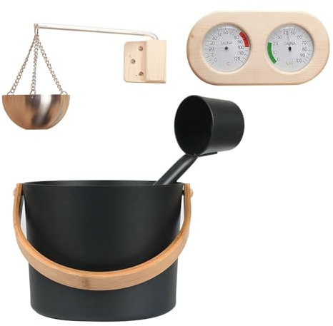 Kit louche Sauna Noir - Sauna Spa avec thermomètre, Ensemble Complet de Fournitures de Sauna, Seau en Aluminium avec poignée en Bois, Sauna à Vapeur Portable pour la Maison pour Les centres thermaux