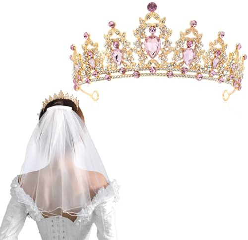 Kristall-Tiara Krone Hochzeit Tiara,Schleier Kurz Bridal Tüll Mit Kamm,Eleganter Kurzer Brautschleier Mit Strass Und Perlen,Kopfschmuck Für Hochzeit Abschlussball Geburtstag Party