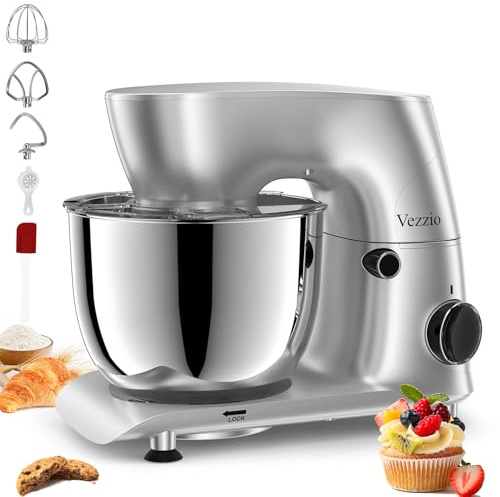 Vezzio Knetmaschine Küchenmaschine zum Backen, 5.5L | 1500W Teigmaschine Klein mit Knethaken, Schlagbesen, Spritzschutz, 10 Geschwindigkeit Planetarisches Rührsystem (Silber)