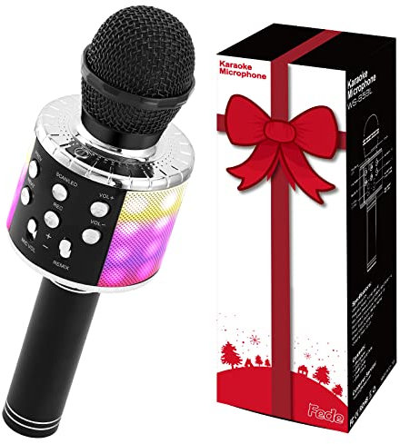 Fede Microphone Karaoké sans Fil Bluetooth avec Lumière LED Multi Couleur, Micro à Main Portable Haut-Parleur pour Enfants/Adultes Chanter, Compatible avec Android/iOS/PC/Smartphone