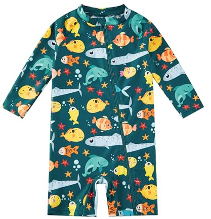 upandfast Bañador para Niño con Peces Oceánicos Anticloro - Traje de Baño UV Manga Larga, Protección UPF 50+ y Cremallera Fácil 3-6M
