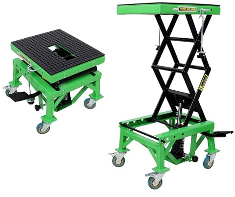 Hydraulic Motorcycle Scissor Jack Lift with Foot Step Lever and 4 Wheels, Adjustable Height from 13.75 to 33.8, 350 lbs Capacity, Lift Table for Dirt Bikes, ATVs, Motorcycles, Snowmobiles (Green)
