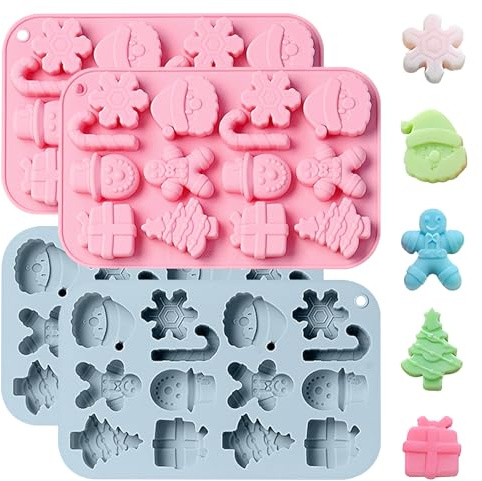 Weihnachten Silikon-Backform, 12 Mulden, 20,5x13 cm, Rosa/Blau | Schneeflocke & Lebkuchenmann, Schokolade & Seife, 4er-Set, Antihaft-Oberfläche, Wiederverwendbar