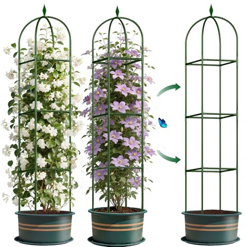 Treillis obélisque de jardin pour plantes grimpantes en plein air, cage à tomates, roses, fleurs, raisin, pois, concombre, treillis de support en métal antirouille pour plantes en pot (carré, vert)
