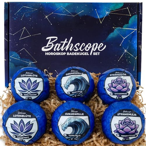 Bathscope Horoskop Badekugel Set mit KI - 6x120g - Wellness Badebomben mit NFC & personalisiertem Horoskop | Ausgefallenes Sternzeichen Geschenk | Frauen | Astrologie & Tarot | Vegan