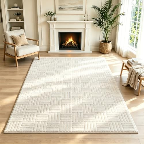 VSIWB Teppich Wohnzimmer 120x180cm Waschbarer rutschfest Kurzflor Teppiche 3D Effekt Flauschiger weiche und pflegeleichter Cream Moderner Teppich für Wohnzimmer, Schlafzimmer, Esszimmer, kinderzimmer