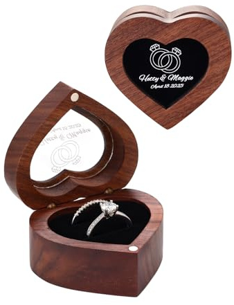Custom4U Personalised Wooden Wedding Ring Box, Vintage Heart Engagement Ring Holder with 2 Grooves for Her, Custom Jewellery Gift Box for Proposal, Anniversary, Memory, Thankgiving