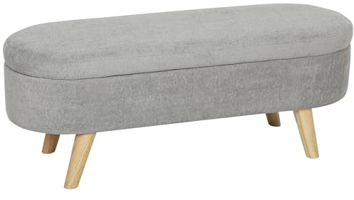 HOMCOM Banco Pie de Cama, Puff Almacenaje Tapizado en Terciopelo de Teddy con Patas de Madera y Asiento Acolchado, Banco de Almacenaje Ovalado para Dormitorio, Entrada, Pasillo, Gris Claro