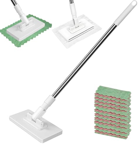 Disposables Dust Mop With 10 Reusable Cloths, Mini Mop with Automatic Cloth Changing 360° Rotating Head Floor Wipes Detachable Press Clamp Wipes Cleaner Aid for Floor Wall Bathroom Kitchen Glass