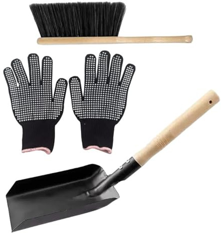 Juego de 3 palas para chimenea con escoba y guantes, pala de metal para cenizas con mango de madera para hoguera, estufa de leña, escoba, cepillo, ceniza