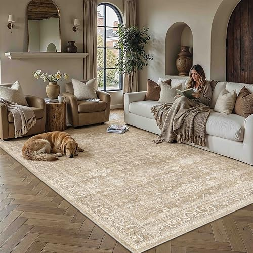PureCozy Vintage Teppich Wohnzimmer 160x230cm Beige Schlafzimmer | Wohnzimmerteppich Waschbarer Carpet,Weich Rutschfest Teppiche,Esszimmer Büro Kurzflor Groß Tepich Carpets Rug