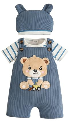 eqenkely Vestiti Set per Neonati Bimbo Maglie T-shirt a Righe a Maniche Corte + Pantaloni Corto con Bretelle + Cappello 3 Pezzi Set di Abiti Estiva 0-18 Mesi